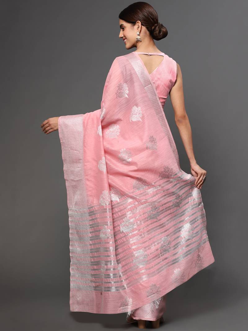 Leeza Store Women'S Light Pink Tissue Silk Silver Zari Floral Motifs Saree With Blouse Piece