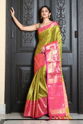 Olive woven silk blend saree with blouse 1