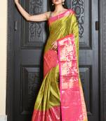 Olive woven silk blend saree with blouse