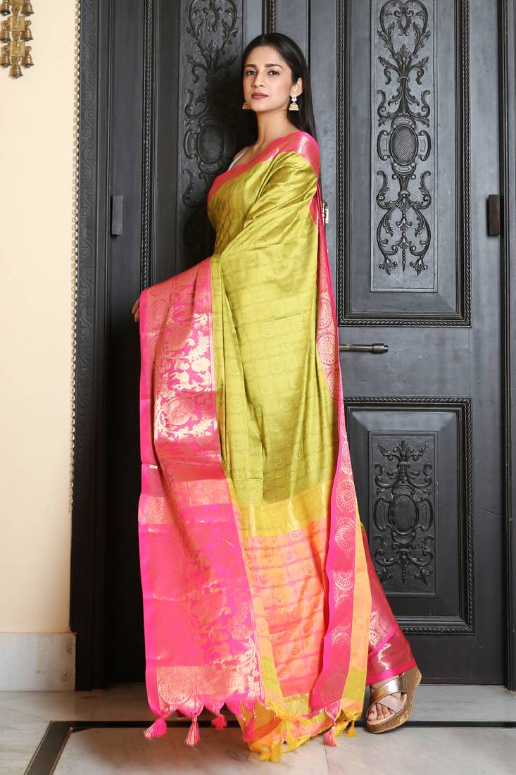Olive woven silk blend saree with blouse