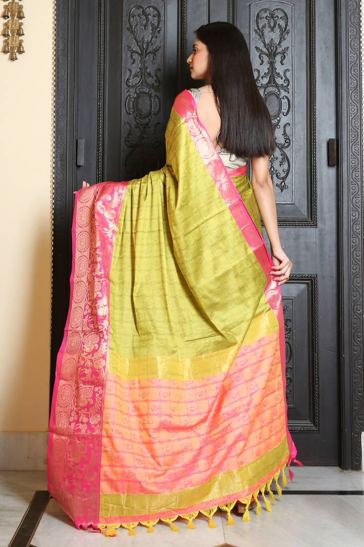 Olive woven silk blend saree with blouse
