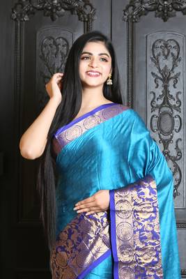 Sky blue woven silk blend saree with blouse 2
