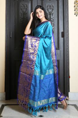 Sky blue woven silk blend saree with blouse 3