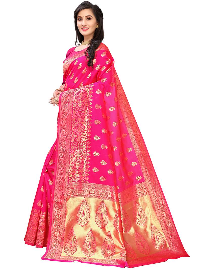 Leeza Store Women's Hot Pink Silk Blend Jacquard Golden Zari Woven Traditional  Banarasi StyleSaree 