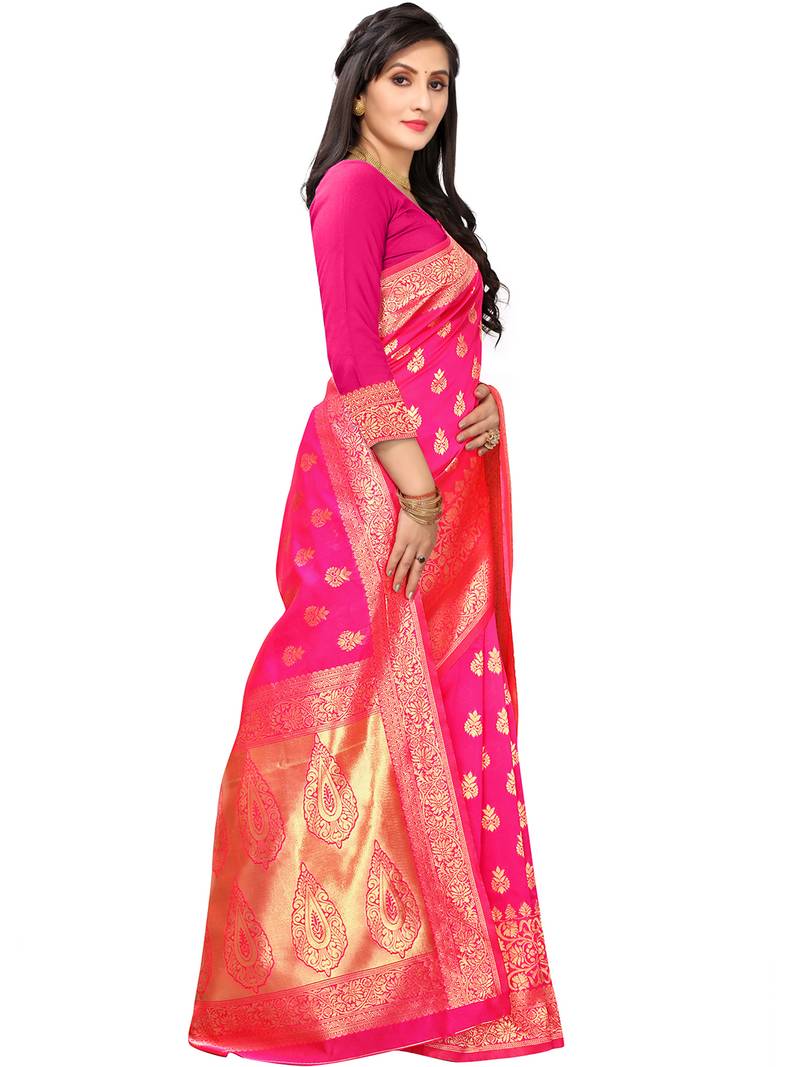 Leeza Store Women's Hot Pink Silk Blend Jacquard Golden Zari Woven Traditional  Banarasi StyleSaree 