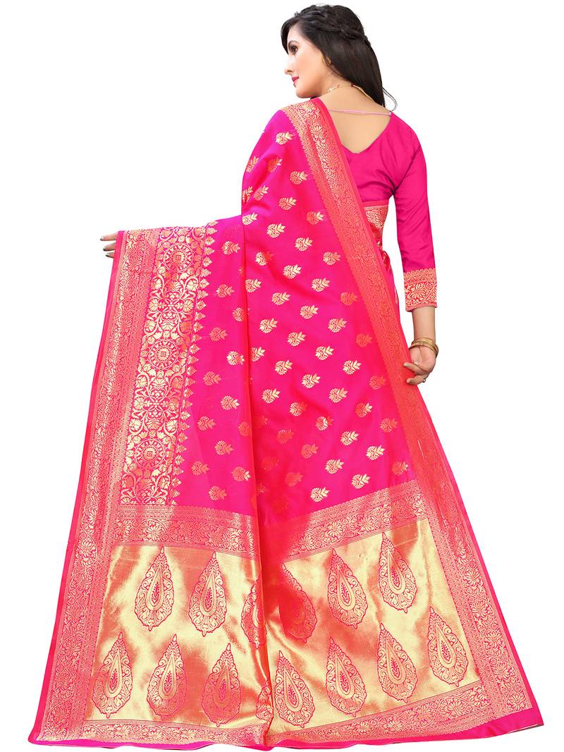 Leeza Store Women's Hot Pink Silk Blend Jacquard Golden Zari Woven Traditional  Banarasi StyleSaree 