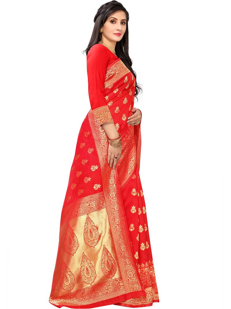 Leeza Store Women's Hot Pink Silk Blend Jacquard Golden Zari Woven Traditional  Banarasi StyleSaree 