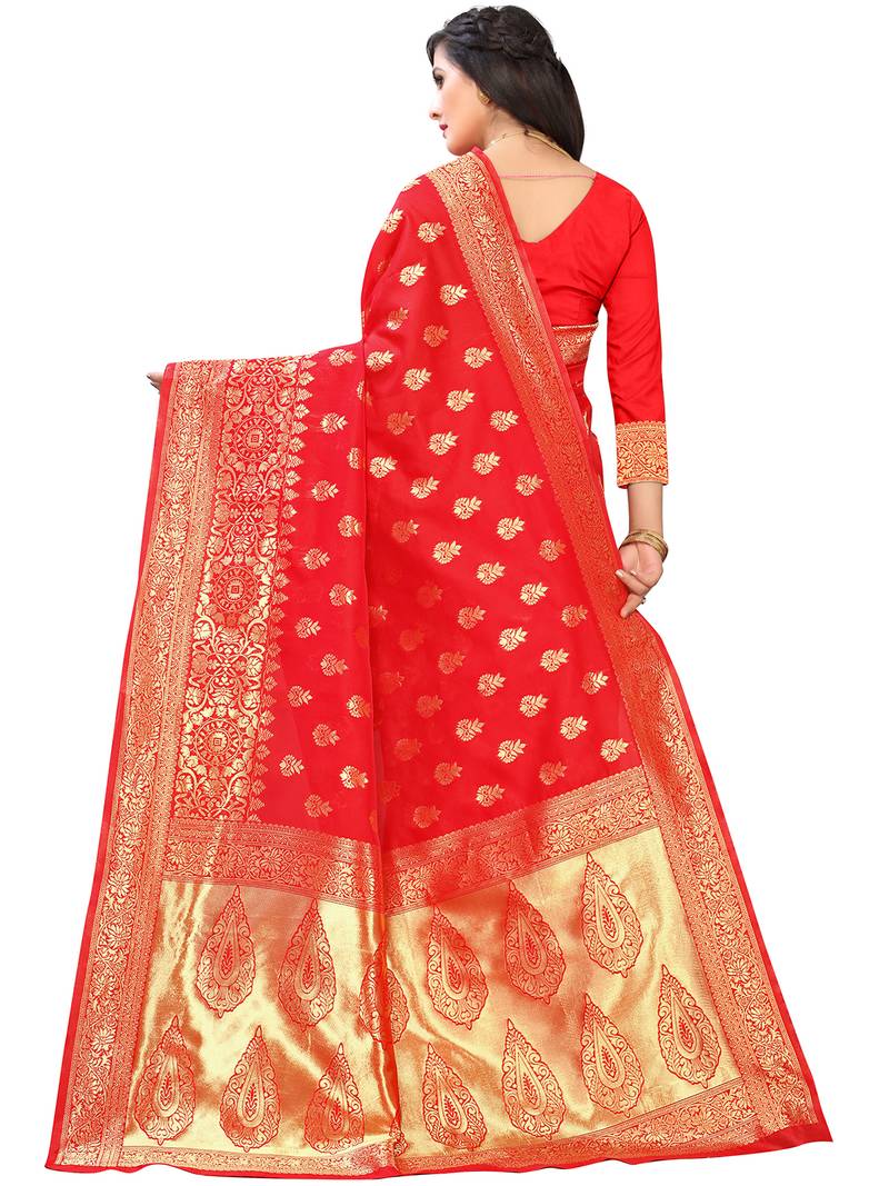 Leeza Store Women's Hot Pink Silk Blend Jacquard Golden Zari Woven Traditional  Banarasi StyleSaree 