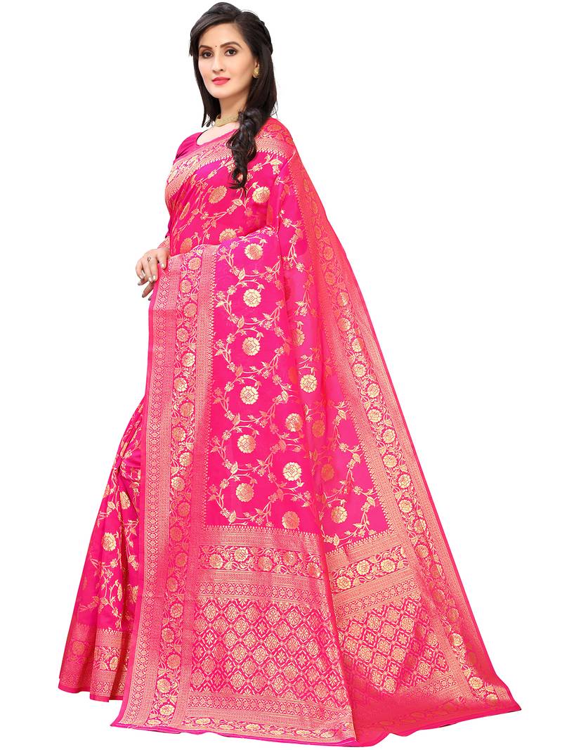 Leeza Store Women's Hot Pink Silk Blend Jacquard Golden Zari Woven Traditional  Banarasi StyleSare