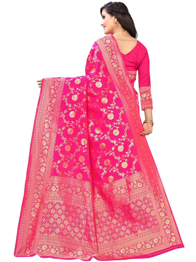 Leeza Store Women's Hot Pink Silk Blend Jacquard Golden Zari Woven Traditional  Banarasi StyleSare