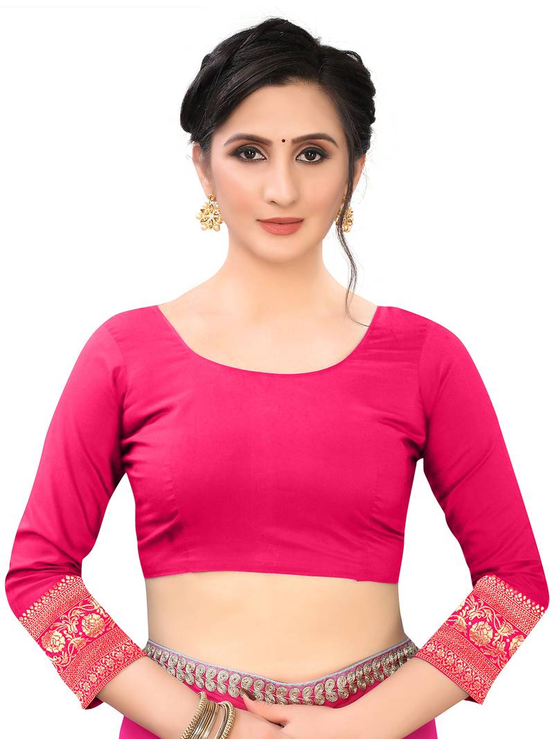 Leeza Store Women's Hot Pink Silk Blend Jacquard Golden Zari Woven Traditional  Banarasi StyleSare