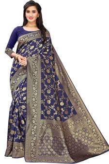 Leeza Store Women's Hot Pink Silk Blend Jacquard Golden Zari Woven Traditional  Banarasi StyleSare