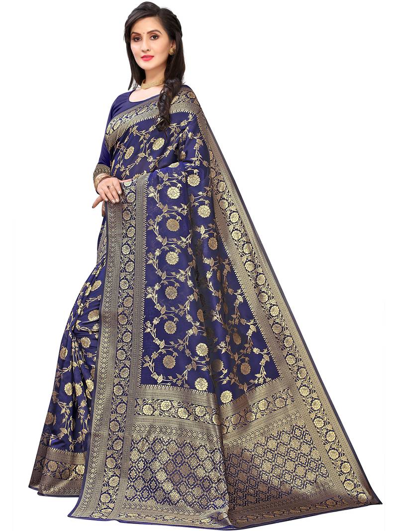 Leeza Store Women's Hot Pink Silk Blend Jacquard Golden Zari Woven Traditional  Banarasi StyleSare