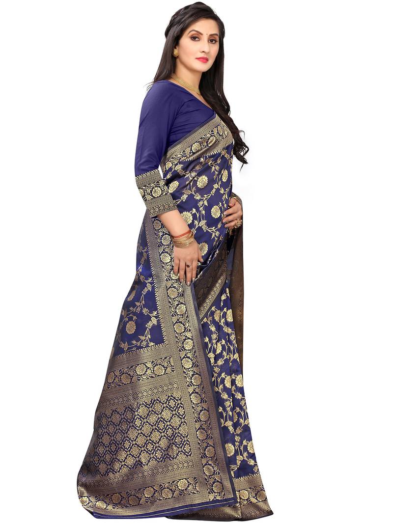 Leeza Store Women's Hot Pink Silk Blend Jacquard Golden Zari Woven Traditional  Banarasi StyleSare