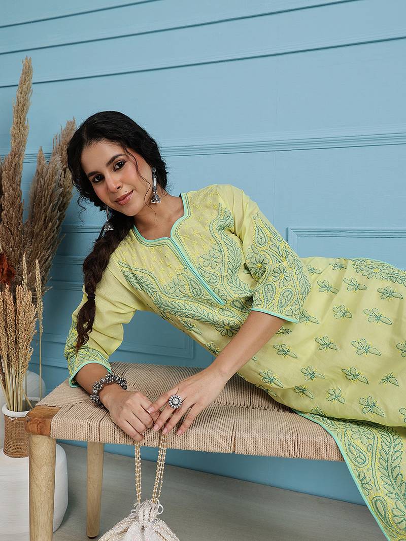 Handmade Lemon Cotton Lucknowi Chikankari Indian Women Kurta
