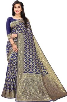 Leeza Store Women's Hot Pink Silk Blend Jacquard Golden Zari Woven Traditional  Banarasi StyleSaree 