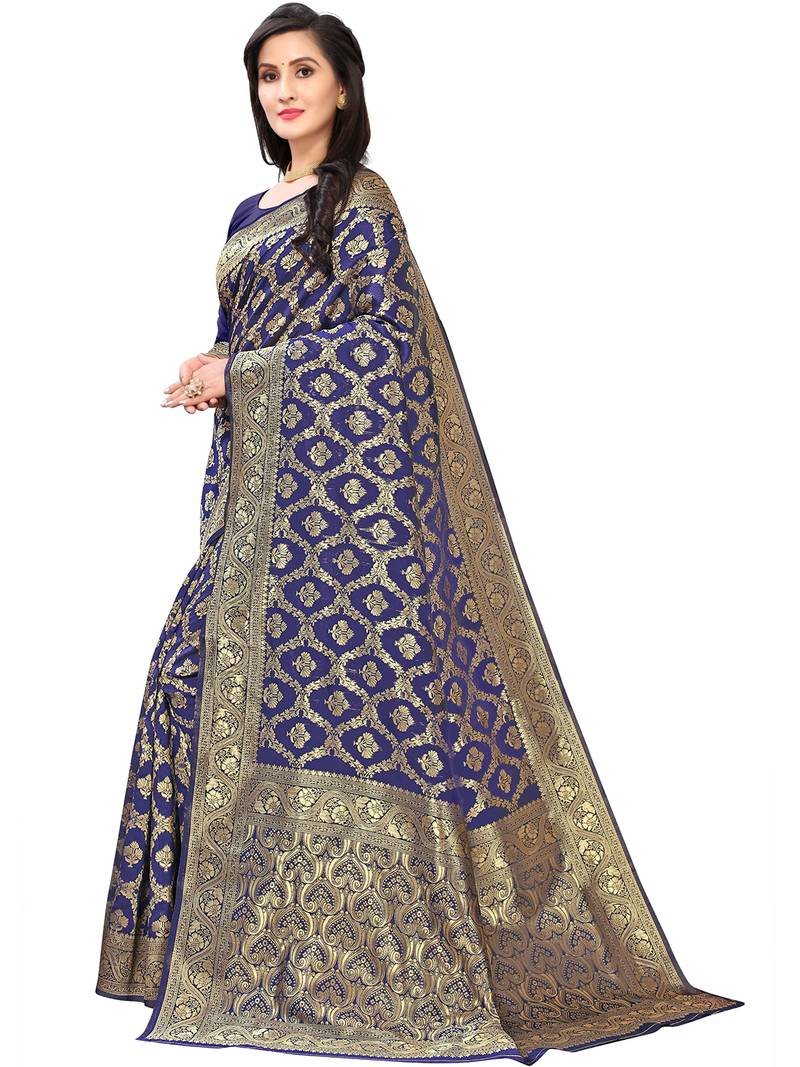 Leeza Store Women's Hot Pink Silk Blend Jacquard Golden Zari Woven Traditional  Banarasi StyleSaree 