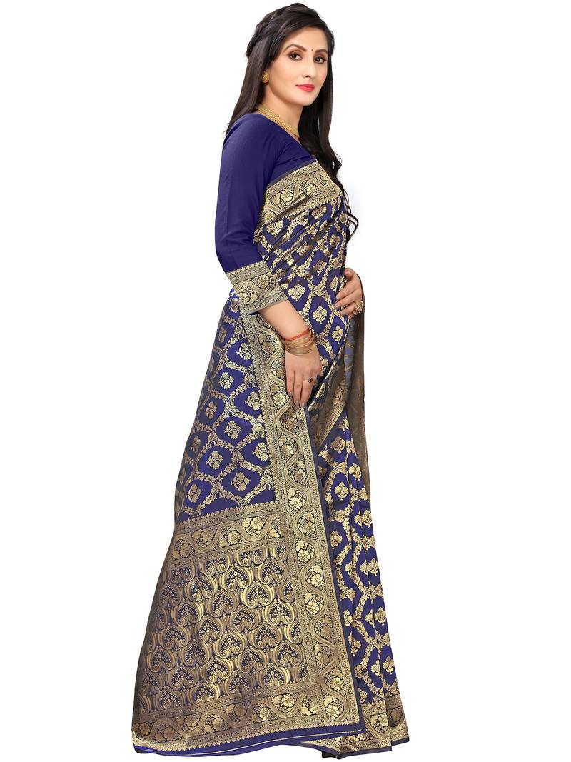 Leeza Store Women's Hot Pink Silk Blend Jacquard Golden Zari Woven Traditional  Banarasi StyleSaree 