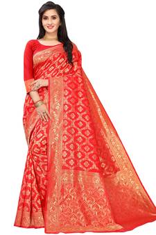 Leeza Store Women's Hot Pink Silk Blend Jacquard Golden Zari Woven Traditional  Banarasi StyleSaree 
