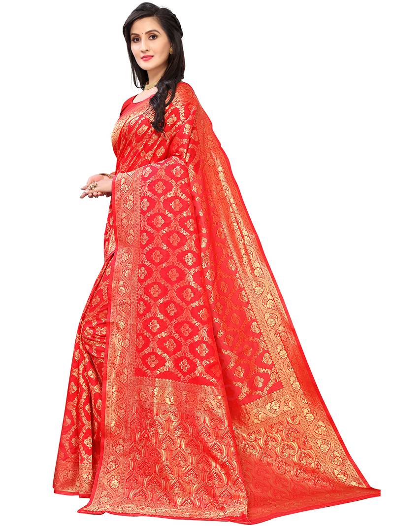 Leeza Store Women's Hot Pink Silk Blend Jacquard Golden Zari Woven Traditional  Banarasi StyleSaree 