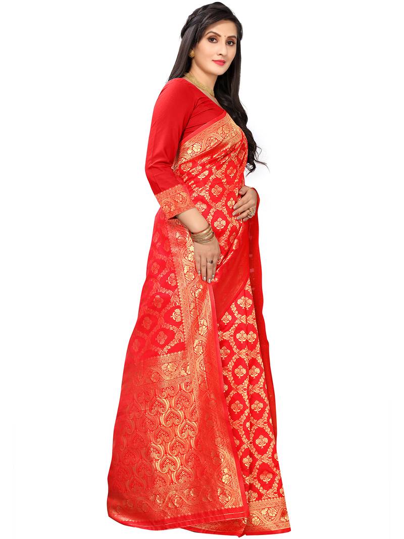 Leeza Store Women's Hot Pink Silk Blend Jacquard Golden Zari Woven Traditional  Banarasi StyleSaree 