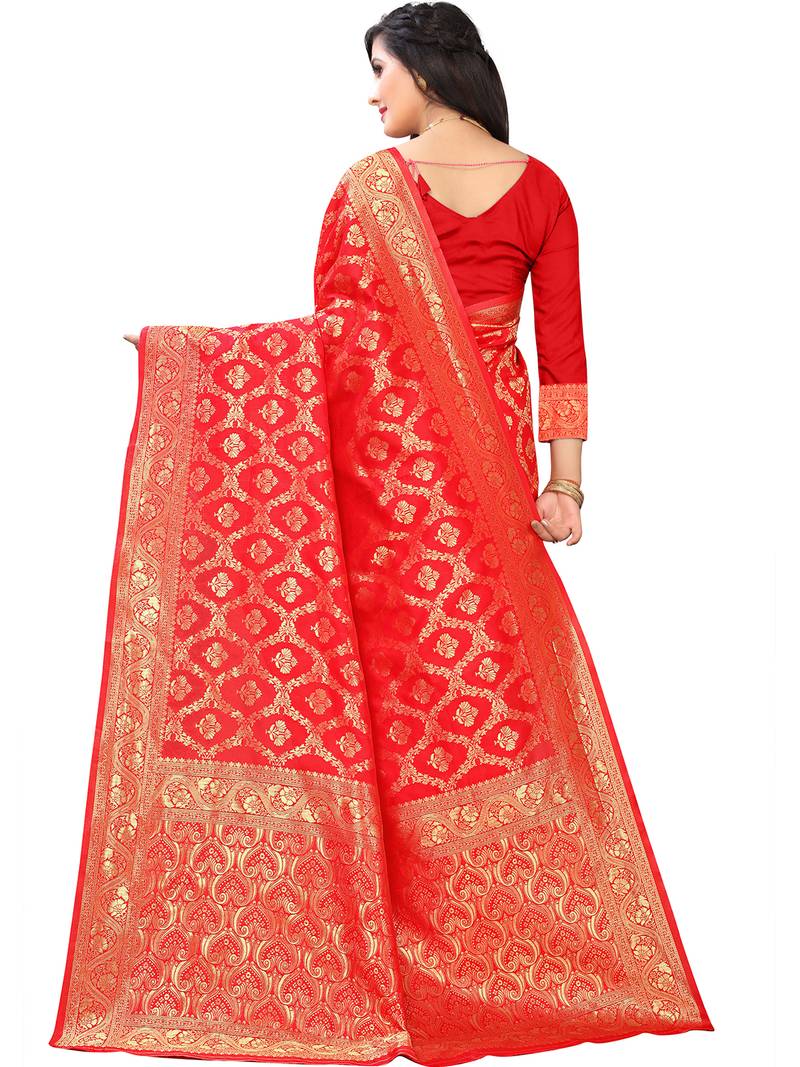 Leeza Store Women's Hot Pink Silk Blend Jacquard Golden Zari Woven Traditional  Banarasi StyleSaree 