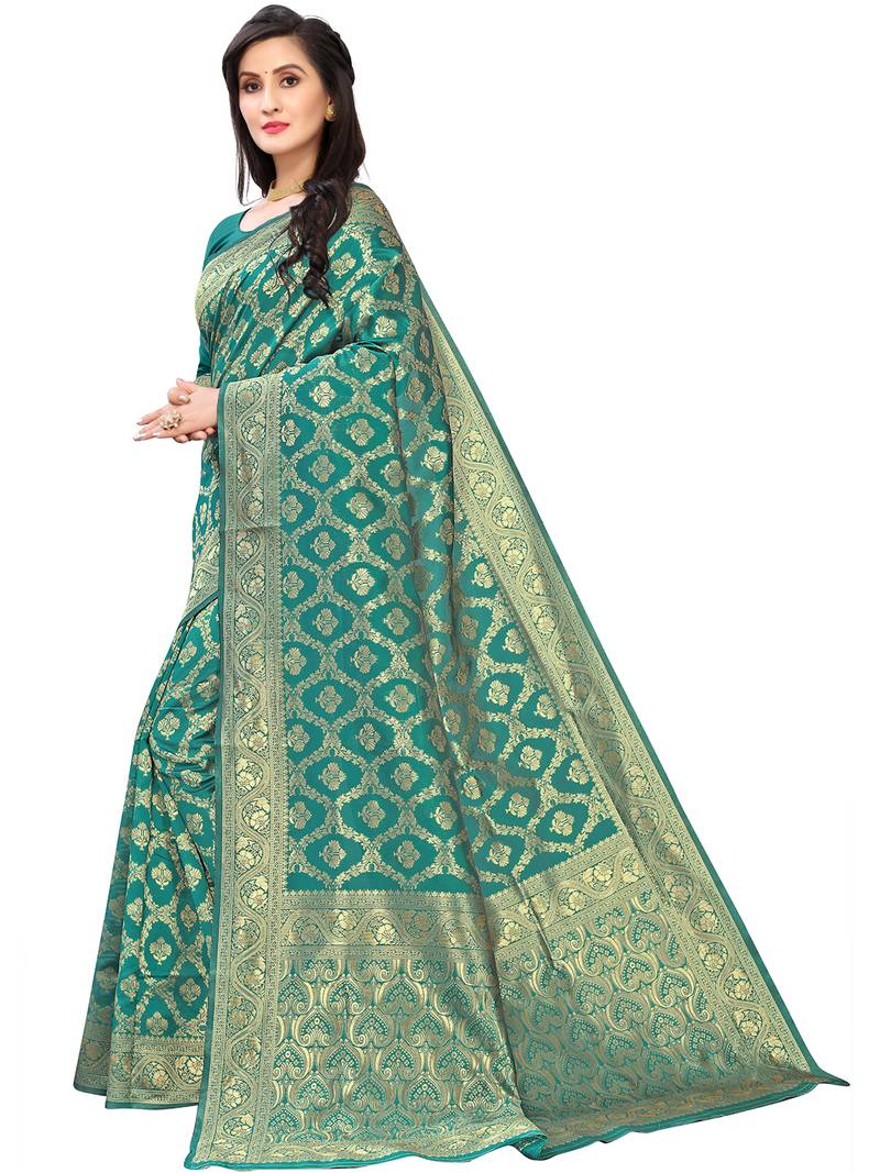 Leeza Store Women's Hot Pink Silk Blend Jacquard Golden Zari Woven Traditional  Banarasi StyleSaree 