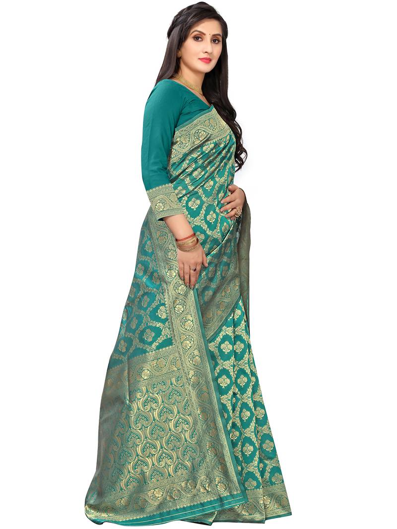 Leeza Store Women's Hot Pink Silk Blend Jacquard Golden Zari Woven Traditional  Banarasi StyleSaree 