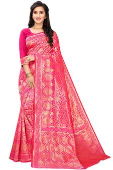 Leeza Store Women's Hot Pink Silk Blend Jacquard Golden Zari Woven Traditional  Banarasi StyleSaree 