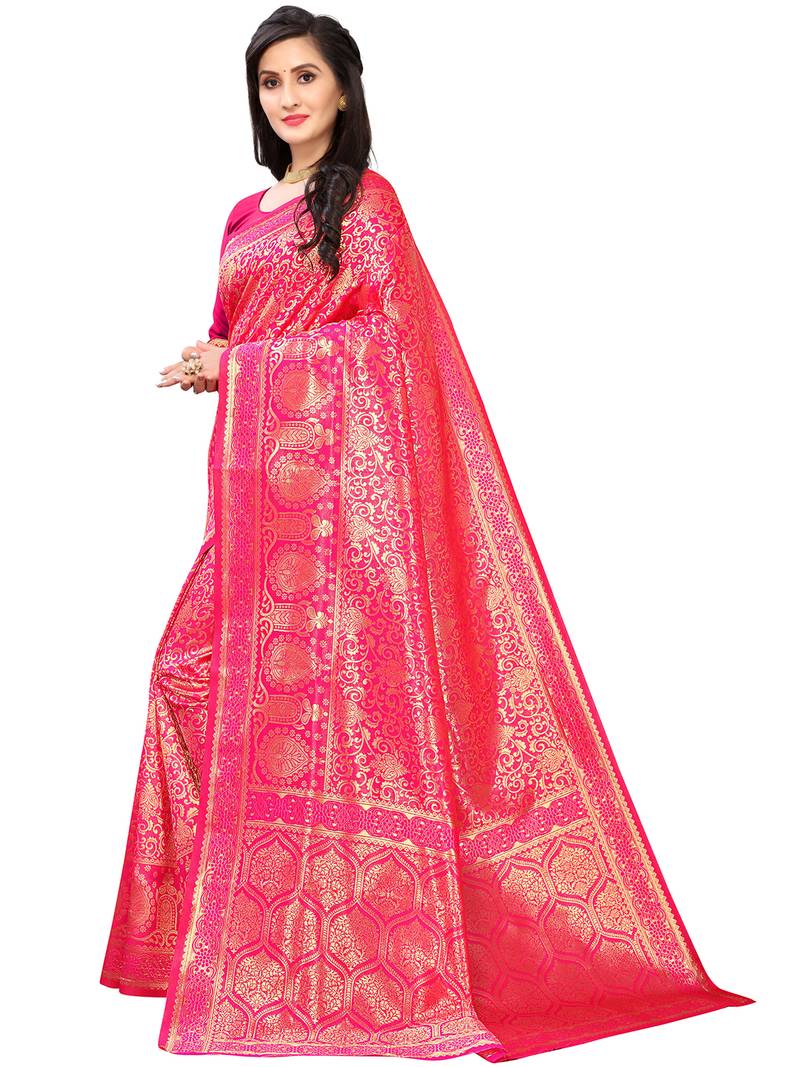 Leeza Store Women's Hot Pink Silk Blend Jacquard Golden Zari Woven Traditional  Banarasi StyleSaree 