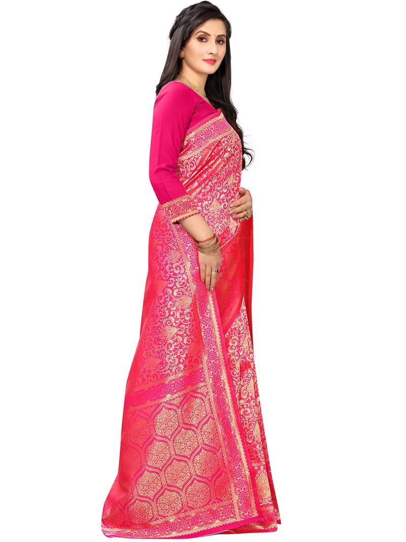 Leeza Store Women's Hot Pink Silk Blend Jacquard Golden Zari Woven Traditional  Banarasi StyleSaree 