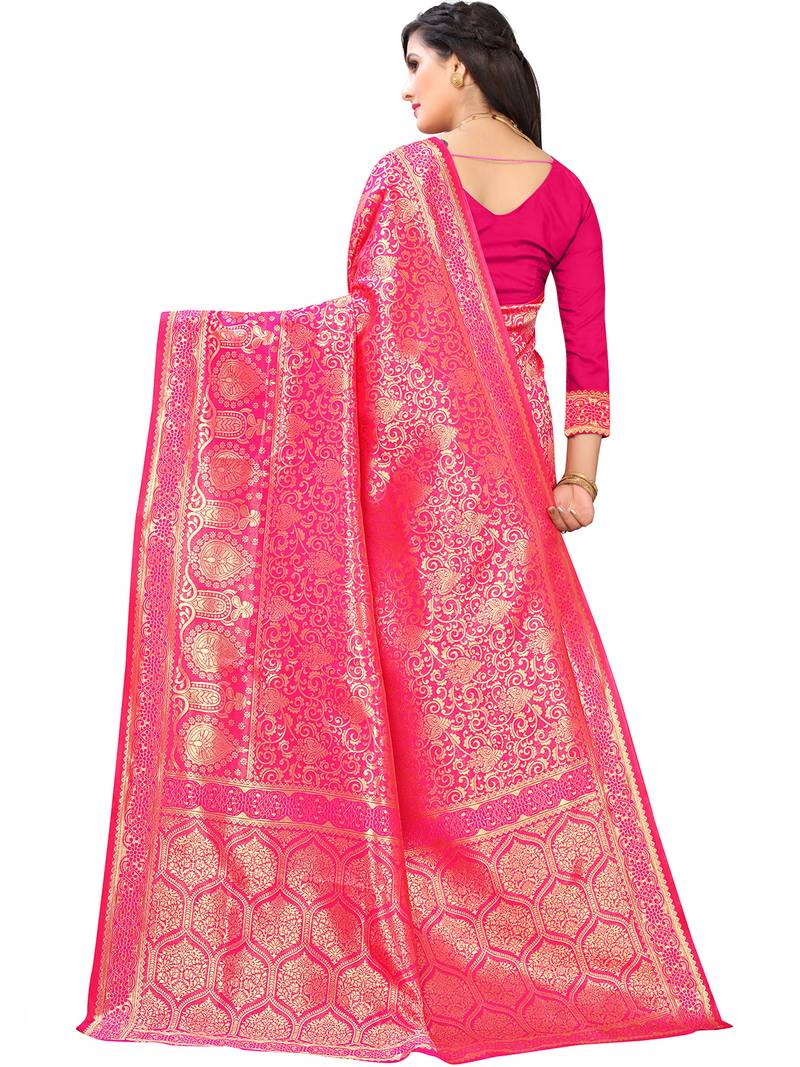 Leeza Store Women's Hot Pink Silk Blend Jacquard Golden Zari Woven Traditional  Banarasi StyleSaree 
