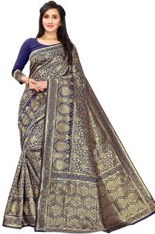 Leeza Store Women's Hot Pink Silk Blend Jacquard Golden Zari Woven Traditional  Banarasi StyleSaree 