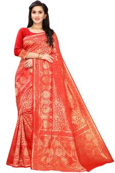 Leeza Store Women's Hot Pink Silk Blend Jacquard Golden Zari Woven Traditional  Banarasi StyleSaree 