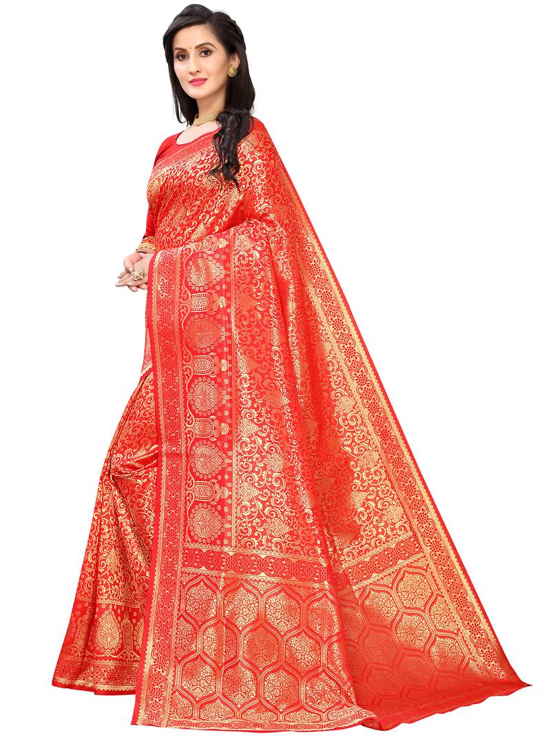 Leeza Store Women's Hot Pink Silk Blend Jacquard Golden Zari Woven Traditional  Banarasi StyleSaree 