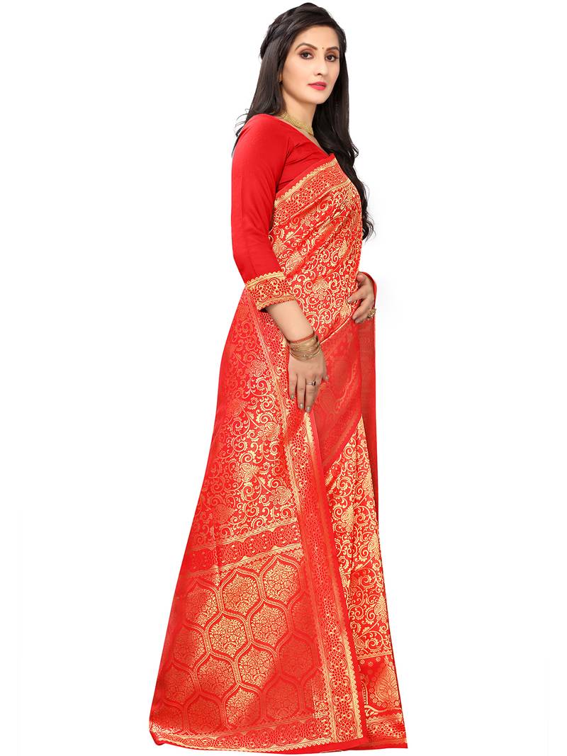 Leeza Store Women's Hot Pink Silk Blend Jacquard Golden Zari Woven Traditional  Banarasi StyleSaree 