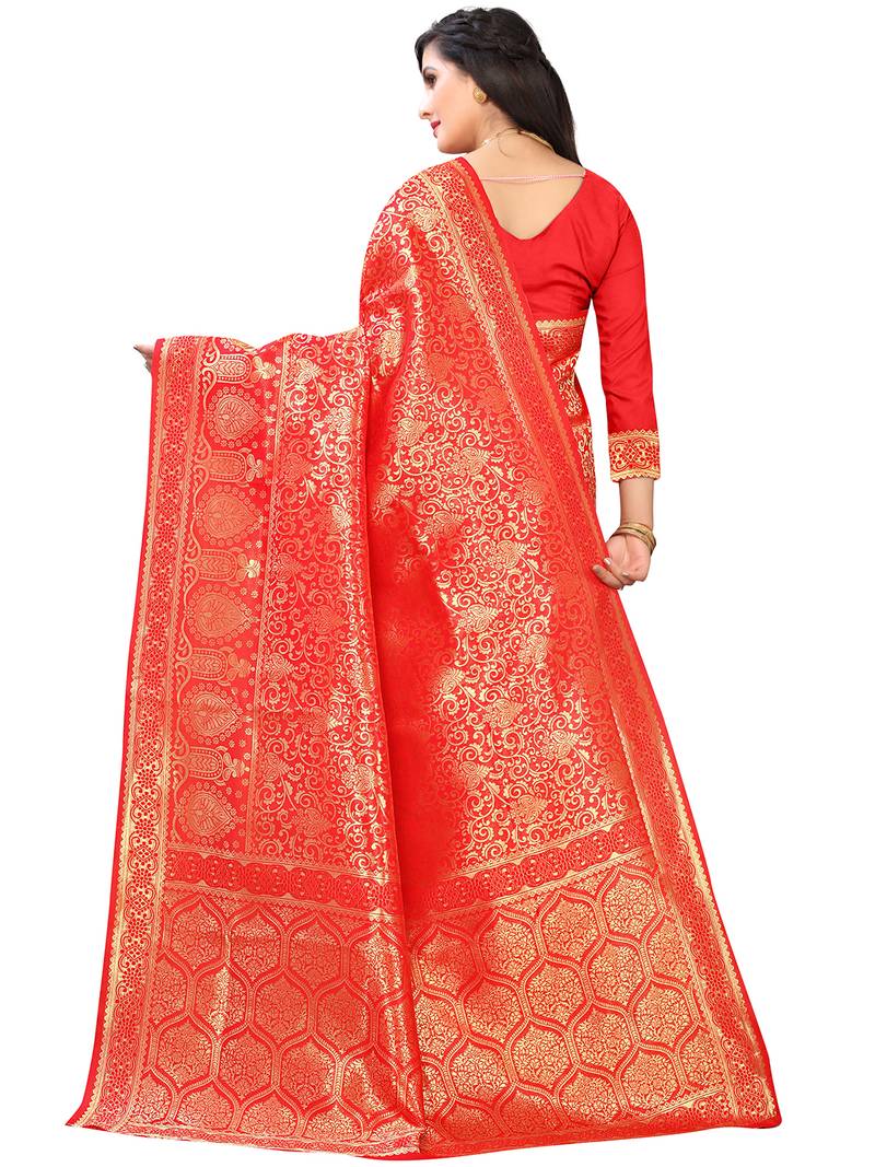 Leeza Store Women's Hot Pink Silk Blend Jacquard Golden Zari Woven Traditional  Banarasi StyleSaree 