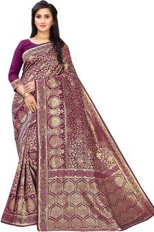 Leeza Store Women's Hot Pink Silk Blend Jacquard Golden Zari Woven Traditional  Banarasi StyleSaree 