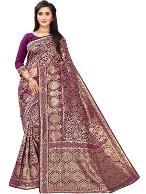 Leeza Store Women's Hot Pink Silk Blend Jacquard Golden Zari Woven Traditional  Banarasi StyleSaree  1