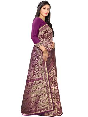 Leeza Store Women's Hot Pink Silk Blend Jacquard Golden Zari Woven Traditional  Banarasi StyleSaree  3