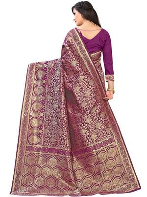 Leeza Store Women's Hot Pink Silk Blend Jacquard Golden Zari Woven Traditional  Banarasi StyleSaree  4