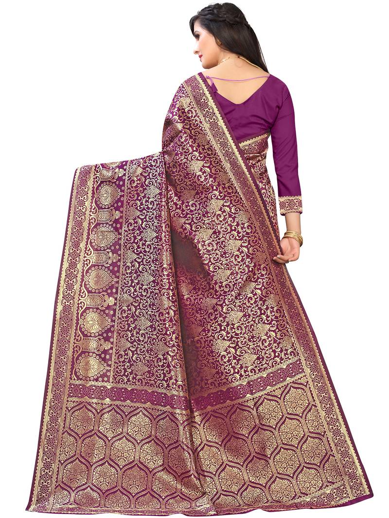 Leeza Store Women's Hot Pink Silk Blend Jacquard Golden Zari Woven Traditional  Banarasi StyleSaree 