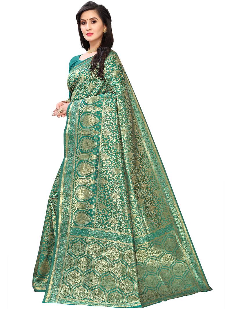 Leeza Store Women's Hot Pink Silk Blend Jacquard Golden Zari Woven Traditional  Banarasi StyleSaree 