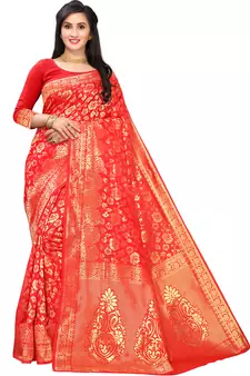 Leeza Store Women's Hot Pink Silk Blend Jacquard Golden Zari Woven Traditional  Banarasi StyleSaree 