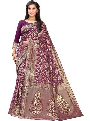 Leeza Store Women's Hot Pink Silk Blend Jacquard Golden Zari Woven Traditional  Banarasi StyleSaree  1