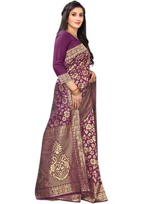 Leeza Store Women's Hot Pink Silk Blend Jacquard Golden Zari Woven Traditional  Banarasi StyleSaree  3