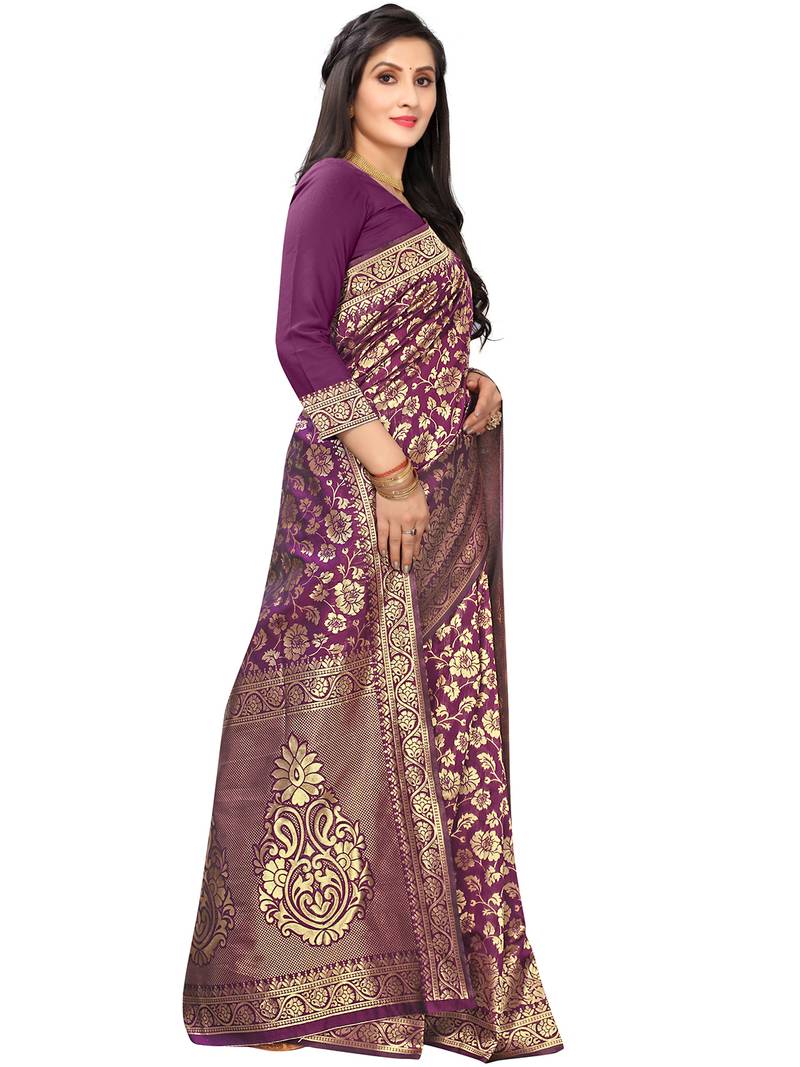 Leeza Store Women's Hot Pink Silk Blend Jacquard Golden Zari Woven Traditional  Banarasi StyleSaree 