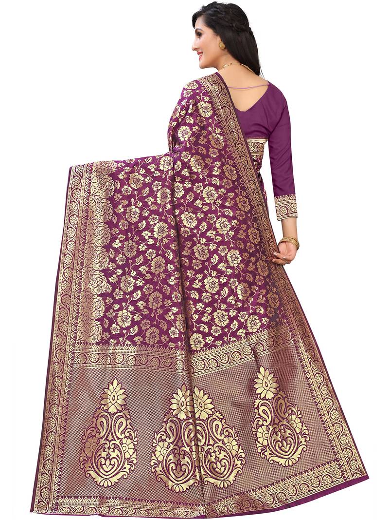 Leeza Store Women's Hot Pink Silk Blend Jacquard Golden Zari Woven Traditional  Banarasi StyleSaree 