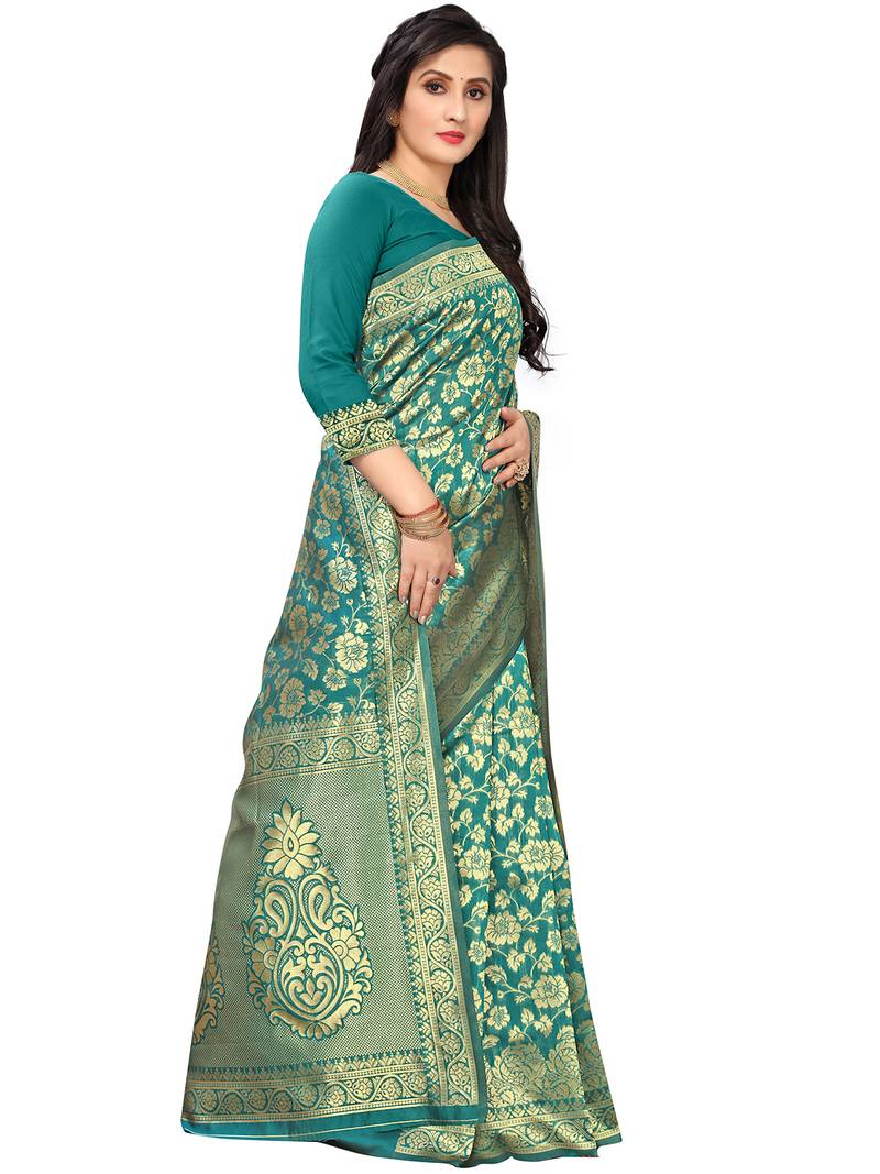 Leeza Store Women's Hot Pink Silk Blend Jacquard Golden Zari Woven Traditional  Banarasi StyleSaree 