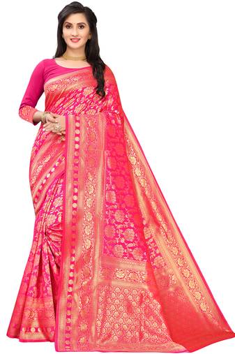 Leeza Store Women's Hot Pink Silk Blend Jacquard Golden Zari Woven Traditional  Banarasi StyleSaree